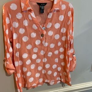Ali Miles Coral and White Polka Dot Blouse